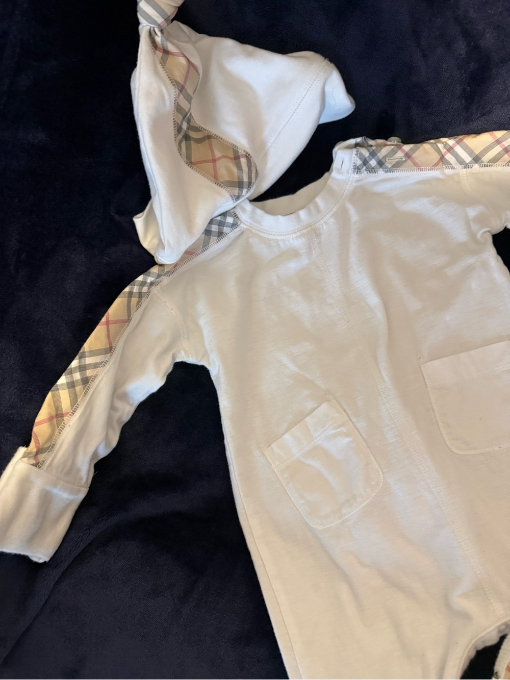 Burberry White Infant Romper with Signature Nova Check Trim - Picture 2 of 7